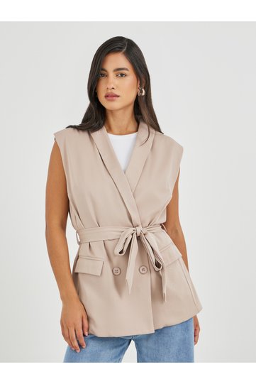 Solid Regular Length Regular Fit Sleeveless Belted Blazer