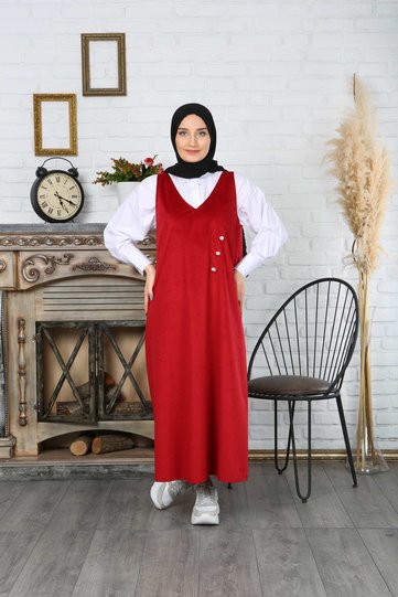 Button Detailed Velvet Salopette Dress