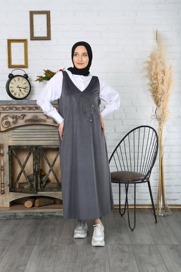 Button Detailed Velvet Salopette Dress