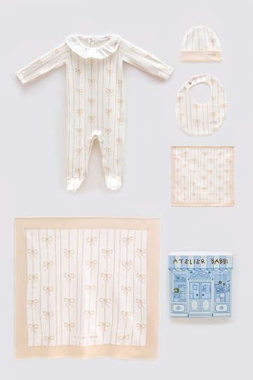 100% Cotton 5-Piece Newborn Set - Ribbon / Beige