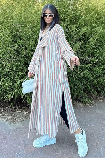Women's Brick & Ecru Striped Double Breasted Collar, Belt, Loose Cut, Split, Striped, Long Trench Coat