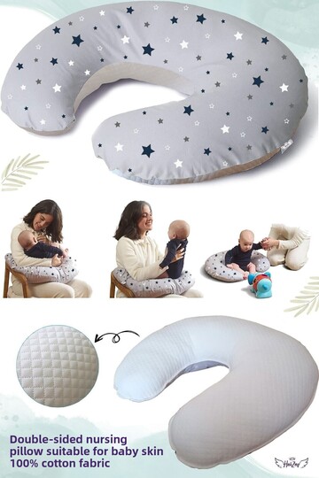 Breastfeeding Pillow and Support Cushion, Double Sided 100% Cotton Fabric Gray Star Pattern