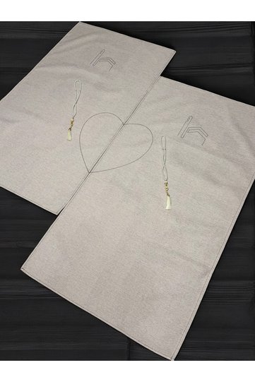 Heart Minimal Kaaba Embroidered Linen Paired Double Prayer Rug Gift Dowry