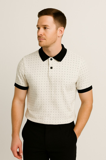 2120 Men's Ecru Black Collar Polo Neck T-Shirt Micro Polka Dot Pattern, Regular Fit, Stylish Casual Style