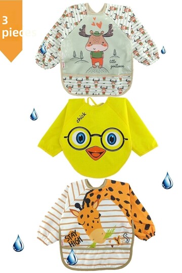 3 Pieces Liquid Proof Giraffe Deer Chick Pattern Baby Food Bib for 0-3 Years