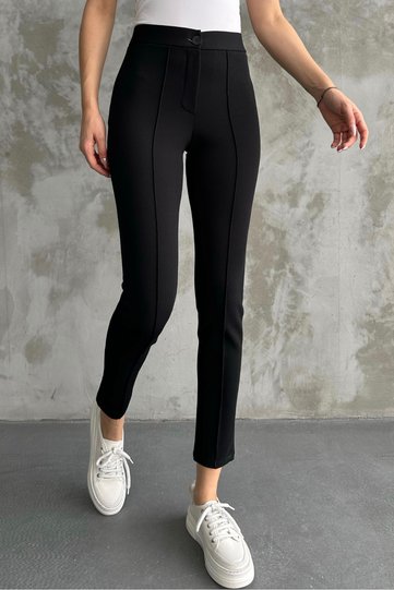 Women's Black High-Waisted Shaping Slim-Leg Pants with Ribbed Fabric