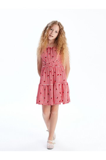 Lcw Kids Red Square Neck Plaid Girl Dress