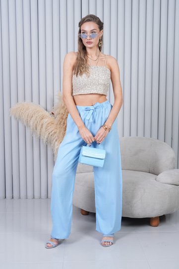 High Waist Loose Leg Light Blue Trousers with Lace-Up Waist