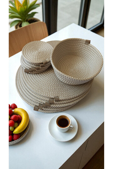 Kaan Home 13 Piece Hand Woven Breakfast Set - 6 Supla 6 Tea Bottom 1 Bread Basket Vegan Presentation