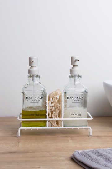 Double Square Glass Liquid Soap Dispenser with White Pump and Stand 500ml