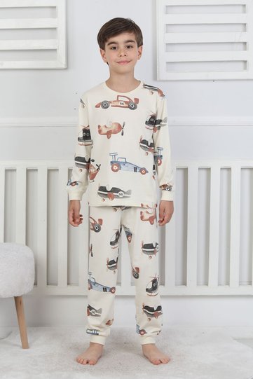 Patterned Racing Car and Aeroplane Boys' Pajama Set