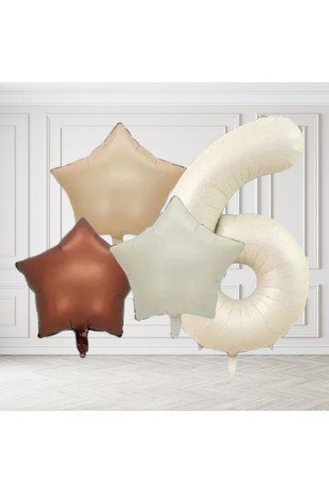 6 Year Old Retro Cream Beige Brown Star Foil Balloon Set with Cream Numbers Birthday Stylish Party Ornament