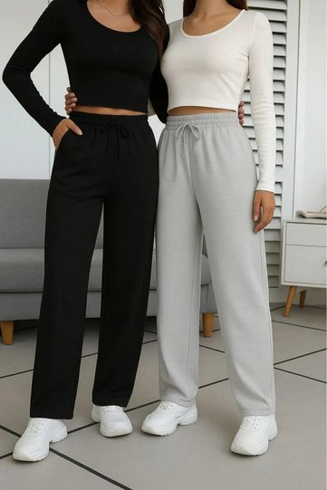 (2 Pcs) Women's Black-Grey Baggy Loose Cut Stretchy Comfortable Fabric Sweatpants