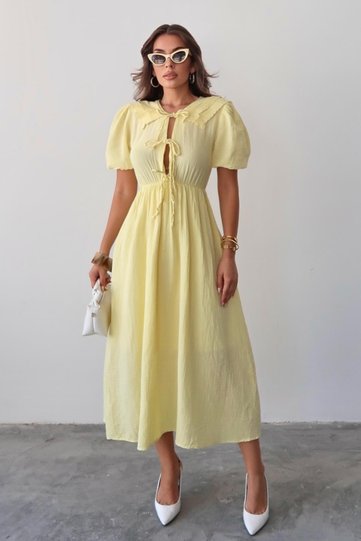 Lace Detailed Gathered Waist Muslin Dress Yellow 9362-E