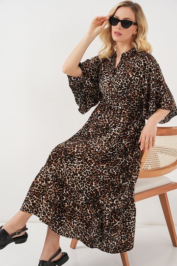 Women's Patterned Short Sleeve Dress 2562 - C. Brown