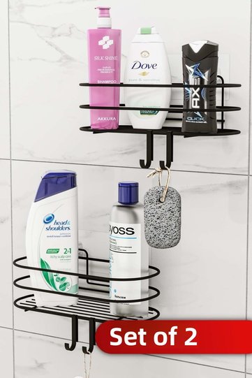 Bathroom Organizer Shampoo Holder Soap Dish Set of 2 Adhesive 4 Hangers Shower Shelf Stainless Organizer