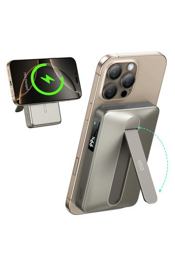 بنك طاقة Qi2 MagSlim مع حامل، سعة 10000 مللي أمبير، شحن لاسلكي 15 واط، متوافق مع MagSafe، لون تيتانيوم