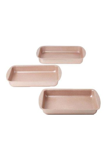 3-Pieces Granite Square Pan Set Beige Small Pan (32x22), Medium Pan (35x25), Large Pan (38x2