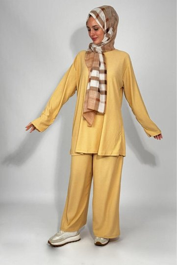 Women's Tunic Pants Bottom Top Double Comfortable Fit Hijab Suit Beige