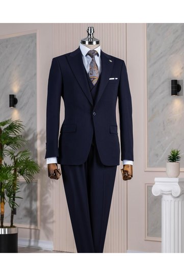 Italian Style Slim Fit Jacket Vest Pantalon Suit Navy Blue T13961