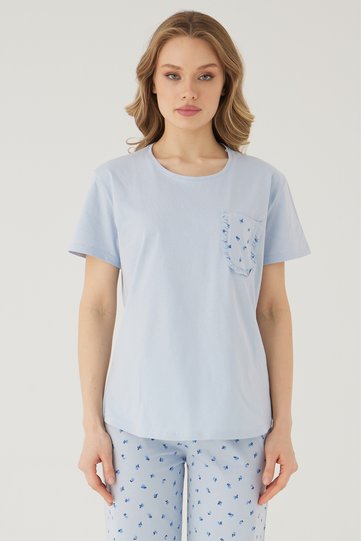 Wishes Comfort Kısakol 100% Cotton Women's Blue Pajamas Set