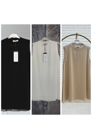 Women's BLACK + ECRU + BEIGE Colors 3-Piece Set Sleeveless Tunic/Undershirt with Chiffon Detail on the Front 10270