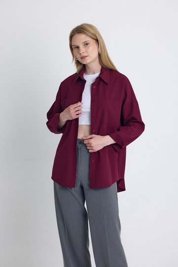 Burgundy Double-Pocket Oversized Long Basic Shirt TCR 6256A