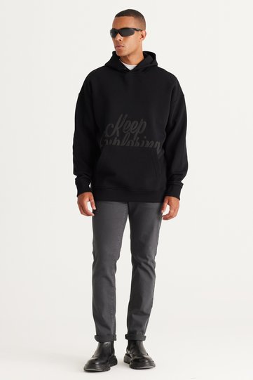 Men's Black Oversize Fit Loose-Fit Hooded 3 Thread Printed Sweatshirt with Fleece Inside