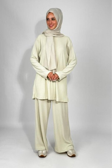 Women's Tunic Pants Bottom Top Double Comfortable Fit Hijab Suit Ecru