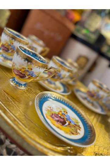 Esterhomedecor 6 Person Fragonard Porcelain Coffee Cup Set Blue