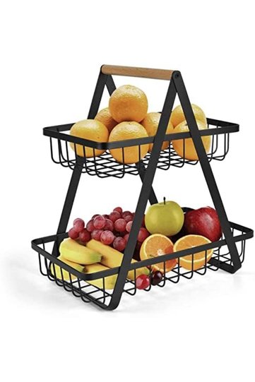 2T-FRR-BK 2Tier Countertop Fruit Basket Storage, Vegetable Rack Bread Display Stand for Kitchen, Bla