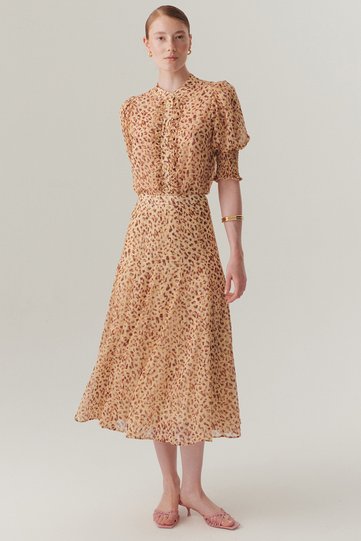 Midi Length Chiffon Skirt with Flared Pattern at the Waist