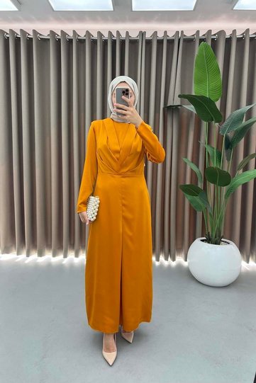 Satin Fabric Pleated Detailed Hijab Evening Dress - Mustard