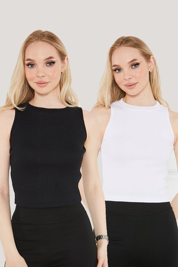 Women's Black and White Halter Neck 2-Piece Crop Blouse