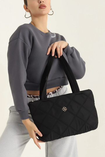 Black Quilted Women's Parachute Fabric Zippered Shoulder Bag – Lined, Lightweight, Sports