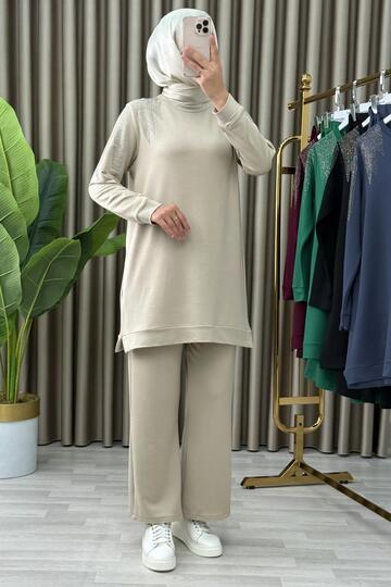 Sevi̇m Takim Crystal Fabric Women's Beige Shoulder Stone Detailed Pants Hijab Two-Piece Set