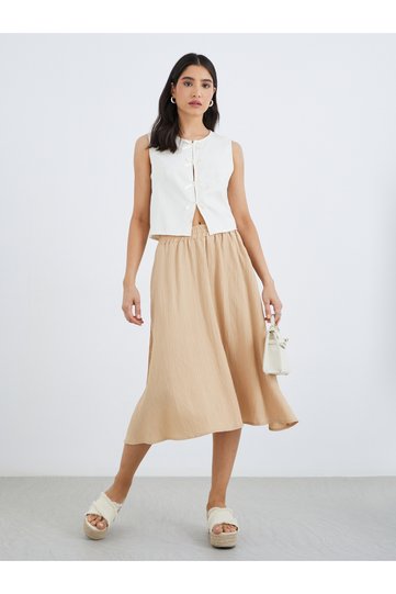 Women Beige Textured A-Line Midi Skirt with Elasticated Waistband