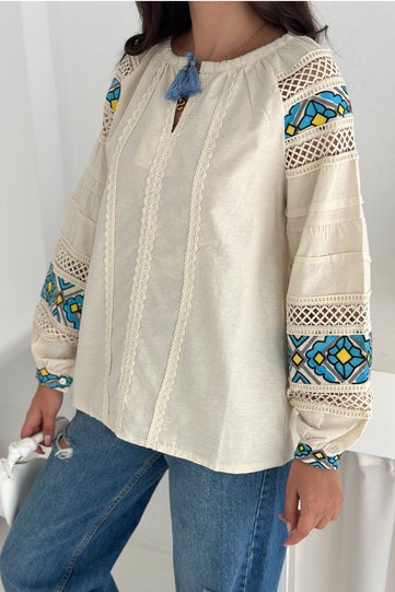 Women's Beige Ethnic Patterned Bohemian Embroidery Embroidered Tassel Cotton Blouse