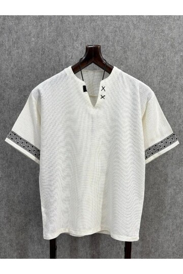 Oversize Handcrafted Detailed Cotton Linen Off-White Tshirt