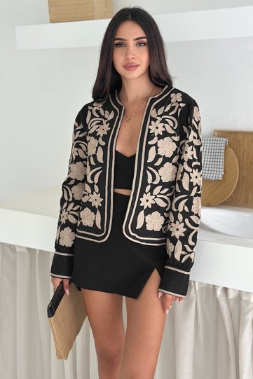 Women's Black Flower Pattern Embroidery Embroidered Long Sleeve Stylish Jacket