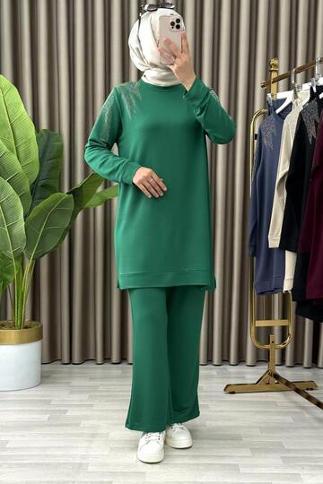 Sevi̇m Takim Crystal Fabric Women's Green Color Shoulder Patching Stone Patterned Pants Hijab Double Set