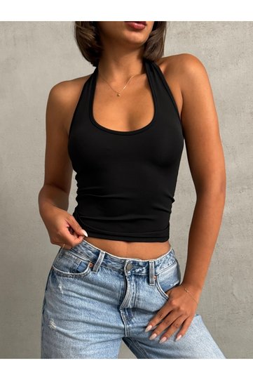Women's Black Scuba Halter Neckline Halter Top