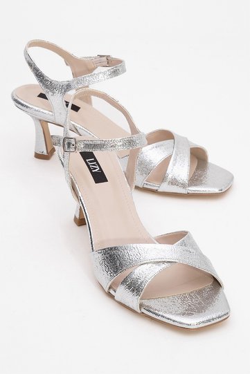 Silver - Shiny Cross-Strapped Heeled Women's Shoes