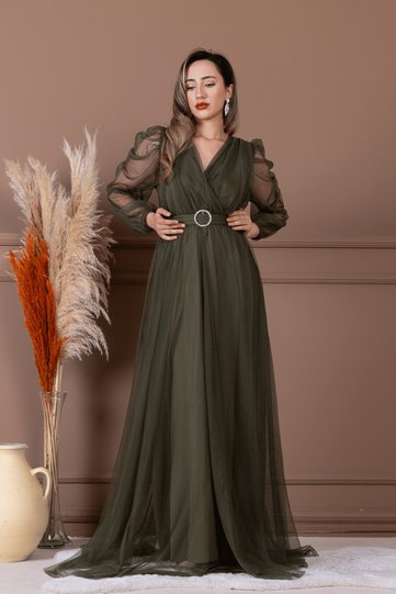 Tulle Double-Breasted Collared Maxi Dress - Khaki Green