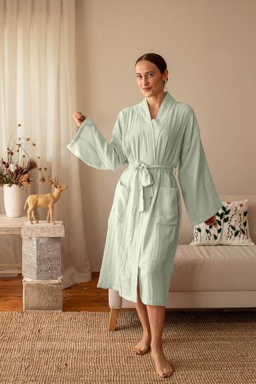 2 Layers Muslin Woven 100% Cotton Unisex Kimono Bathrobe, Breathable and Light Fabric