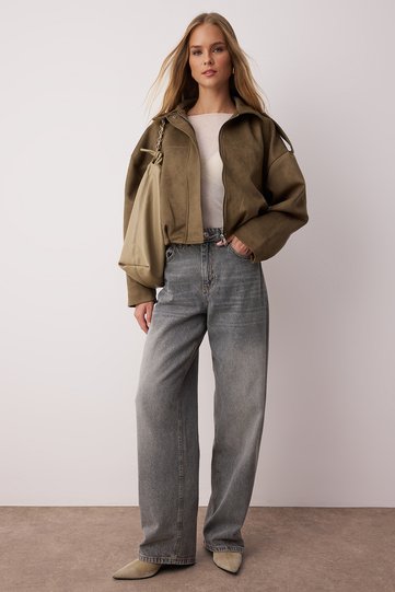 Gray High-Waisted Baggy 100% Cotton Non-Stretch Jeans TWOAW25JE00130