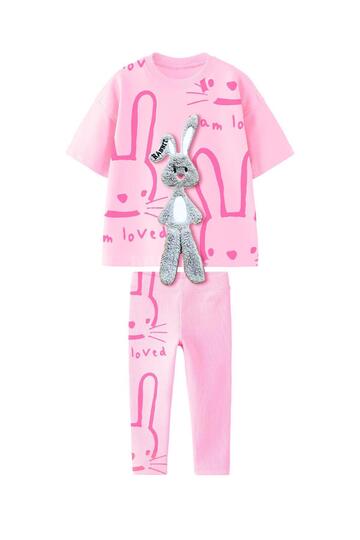 Girls' Cotton 3D Plush Rabbit Detail T-Shirt and Leggings Set