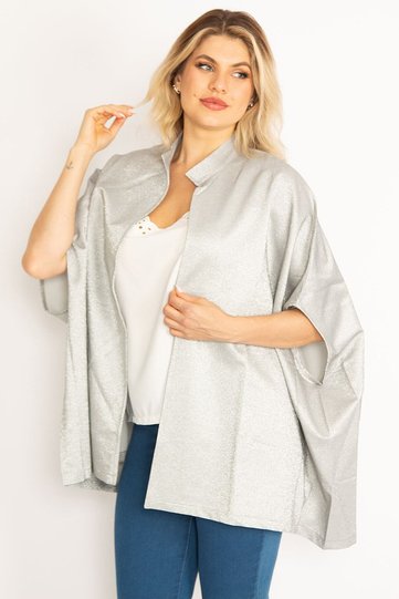 Women's Large Size Gray Glitter Detailed Cape 65n18922