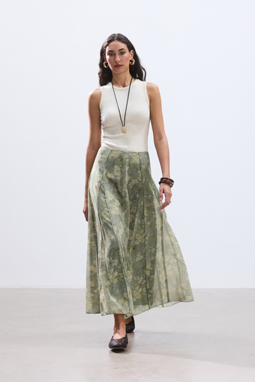 Pastel Green Floral Patterned Chiffon Skirt