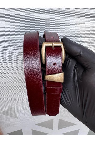 100% Genuine Leather Antique Plated Buckle Burgundy Women's Belt